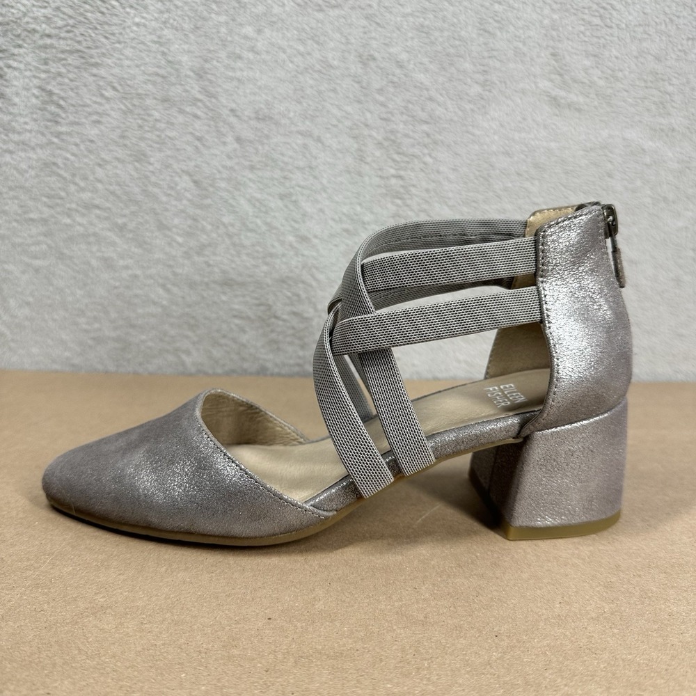 EILEEN FISHER Juku Pump Size 6 Mica Silver Metallic Gray Strappy Block Heel